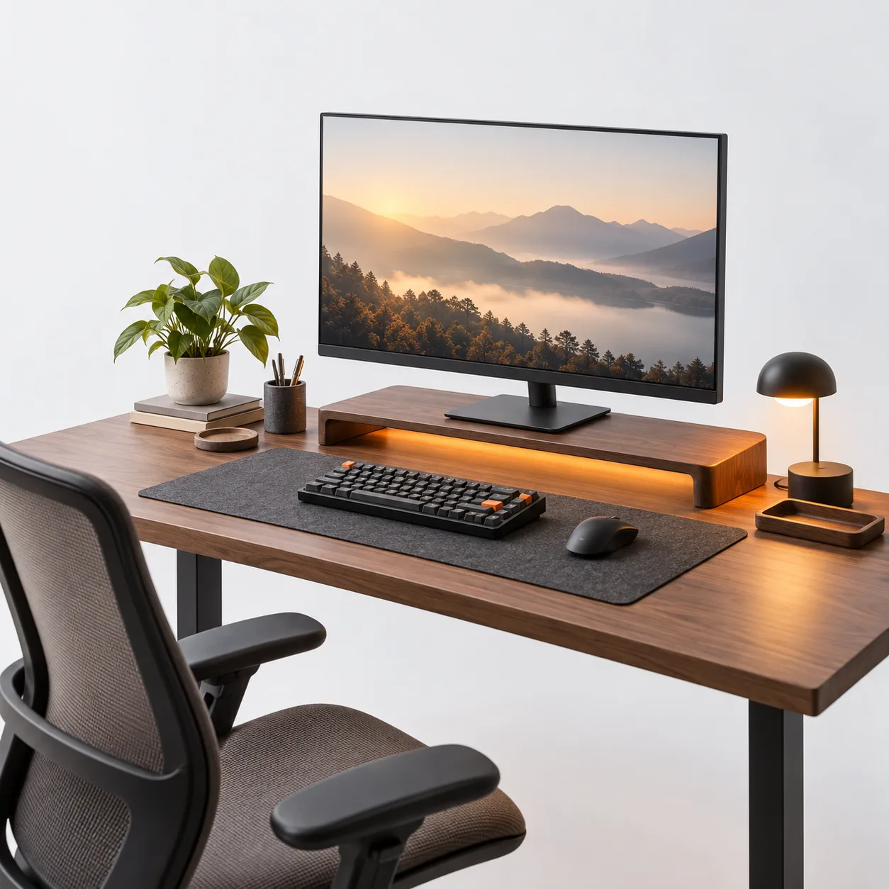A modern desk setup with a monitor, keyboard and warm lighting